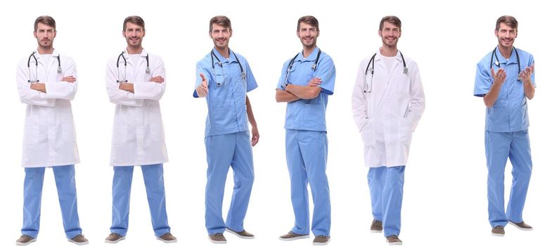 group of medical doctors standing in a row . isolated on white background