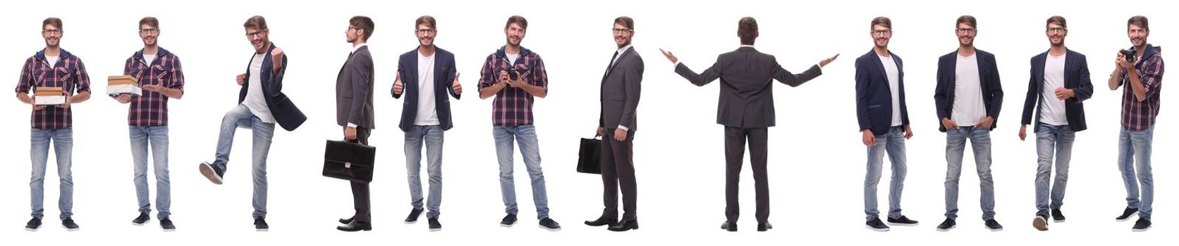 panoramic collage of self-motivated young man .isolated on white background