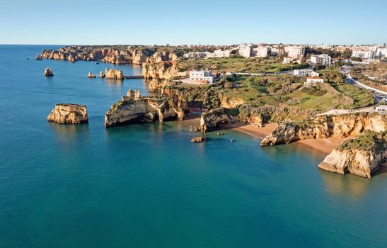 Aerial from natural rocks near Lagos in the Algarve Portugal