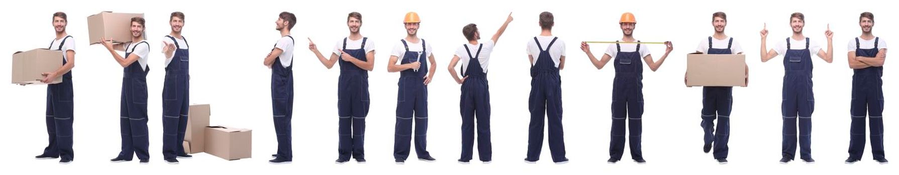 panoramic collage of skilled handyman isolated on white background.