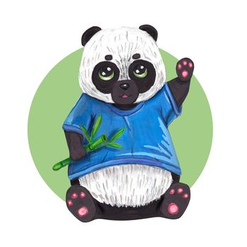 Panda on a white background. Cute panda is sitting and eating bamboo. Animal in clothes, chinese panda. Gouache boho forest drawing, watercolor, image Perfect for nursery posters, fabric, wallpaper