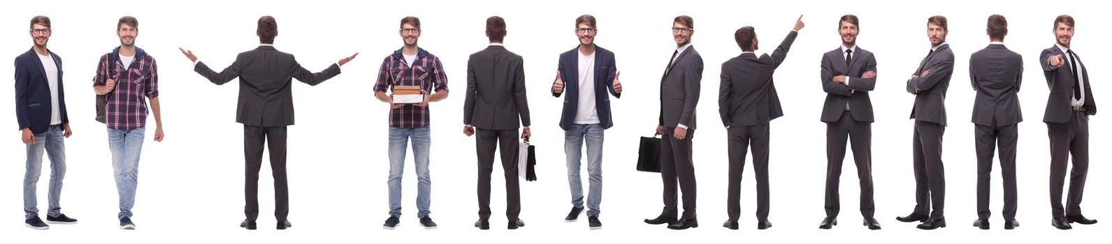 panoramic collage of self-motivated young man .isolated on white background