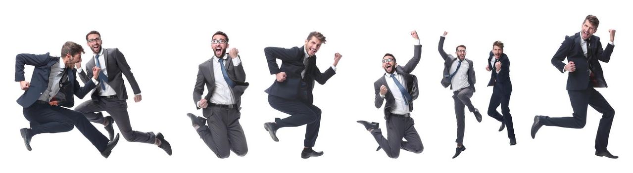 in full growth. two cheerful dancing business people. isolated on white background.