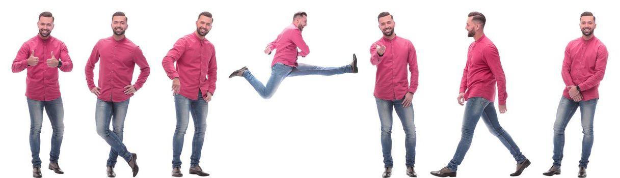 collage of photos of a modern man in a red shirt. isolated on a white background