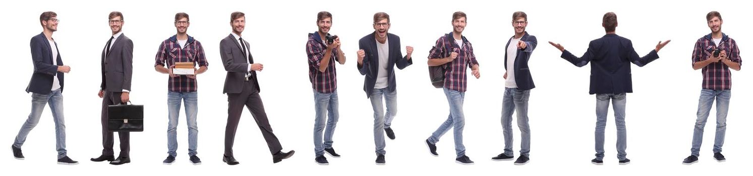 panoramic collage of a promising young man .isolated on white background