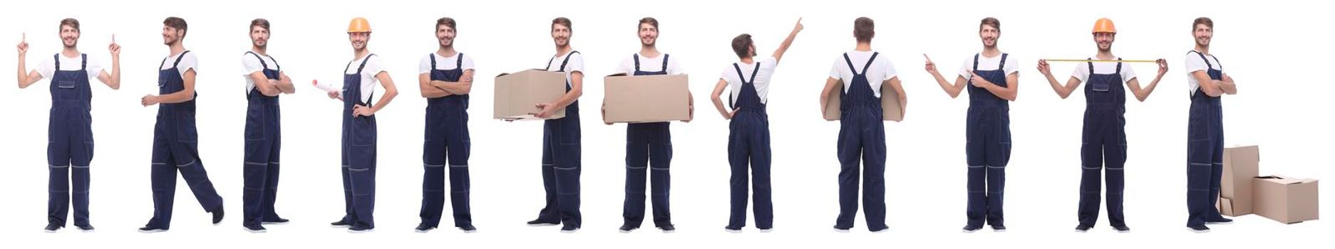 panoramic collage of skilled handyman isolated on white background.