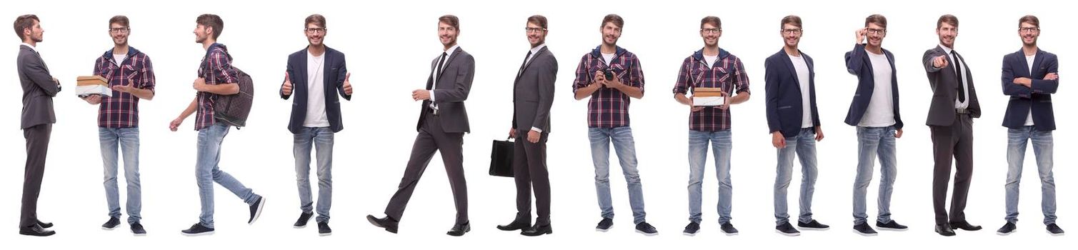 panoramic collage of self-motivated young man .isolated on white background