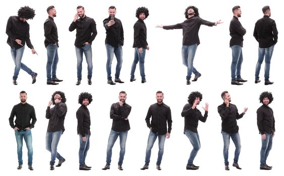 collage of photos of a cheerful young man in jeans. isolated on a white background