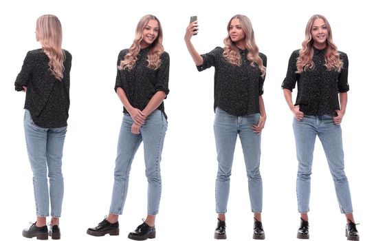 collage of photos of a positive young woman in jeans. isolated on a white background