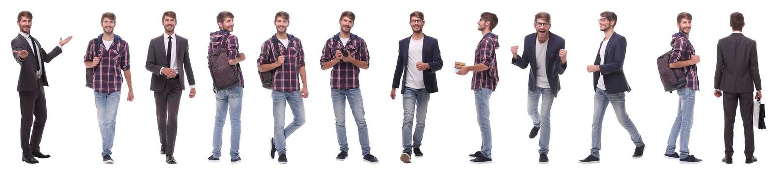 panoramic collage of self-motivated young man .isolated on white background