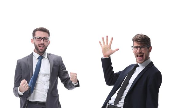 in full growth. two very happy young businessmen . isolated on white background.