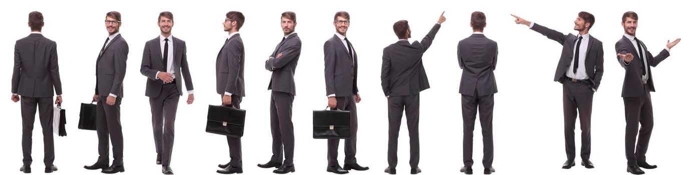 panoramic collage of various photos of a young businessman. isolated on white background.