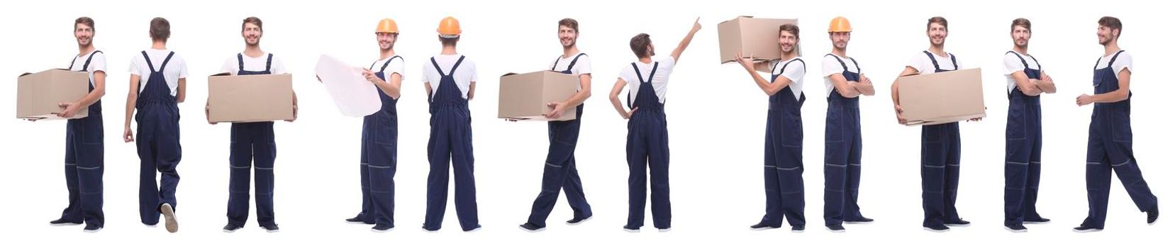 panoramic collage of skilled handyman isolated on white background.