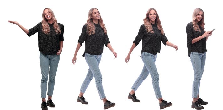 collage of photos of a positive young woman in jeans. isolated on a white background