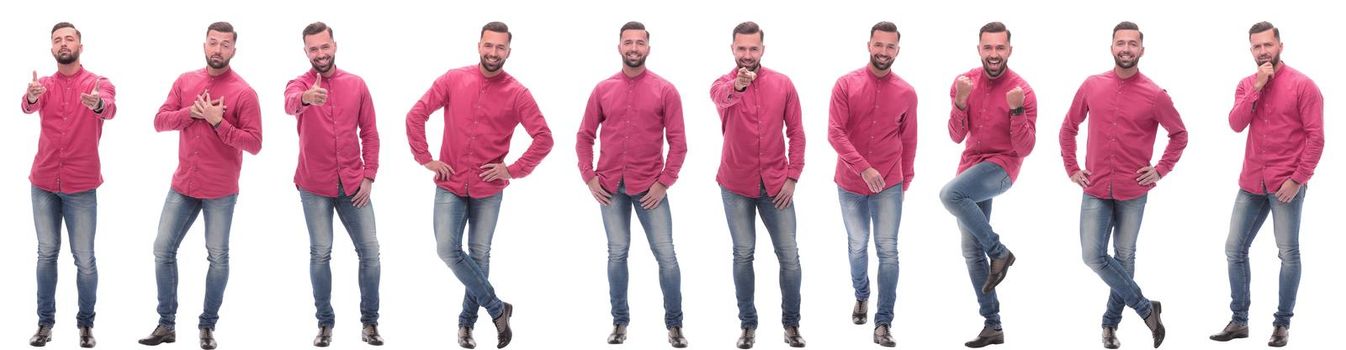 collage of photos of a handsome man in a red shirt. isolated on a white background