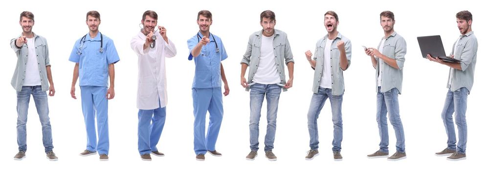 collage doctor and young man isolated on white background