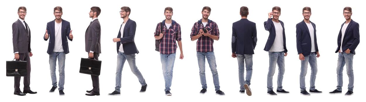 panoramic collage of a promising young man .isolated on white background