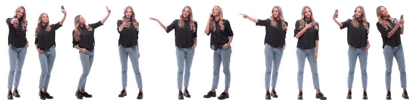 photo collage of a modern young woman with a smartphone. isolated on a white background