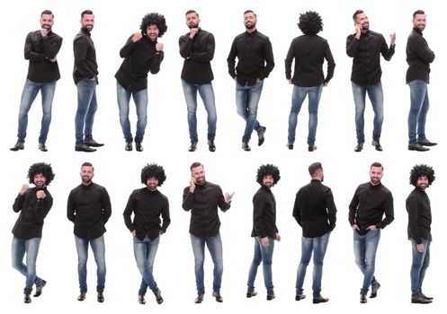 collage of photos of a cheerful young man in jeans. isolated on a white background