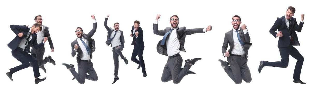 in full growth. two cheerful dancing business people. isolated on white background.