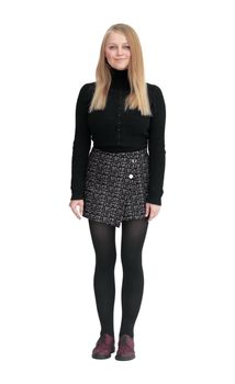 full-length. pretty young woman in a fashionable short skirt. isolated on a white background