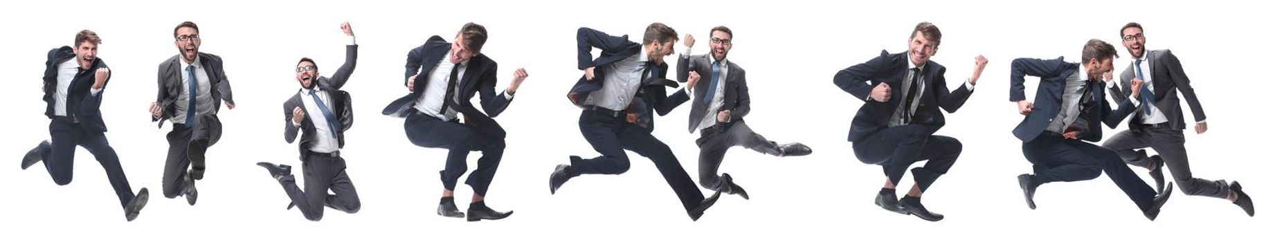 in full growth. two cheerful dancing business people. isolated on white background.