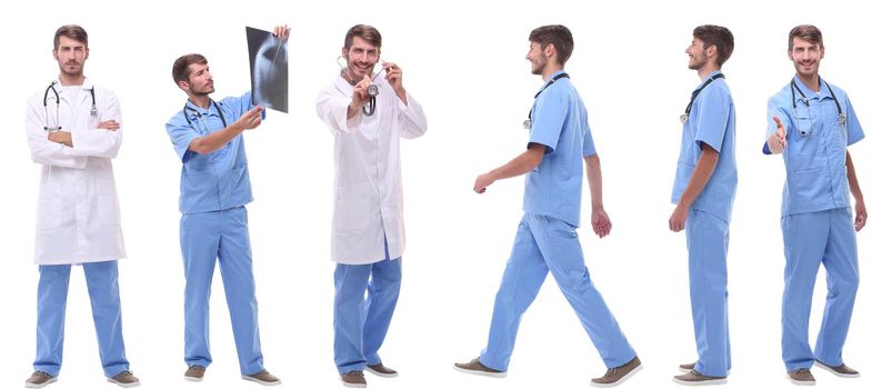 group of medical doctors standing in a row . isolated on white background