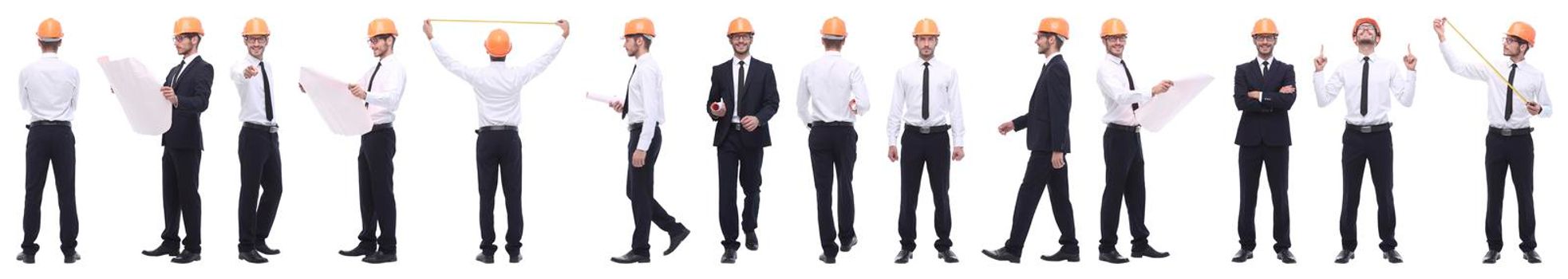 panoramic photo collage of architect engineer isolated on white background