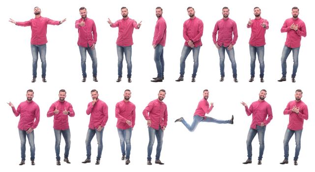 collage of photos of an emotional man in a red shirt. isolated on a white background