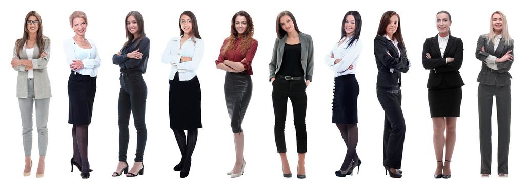 Collection of full-length portraits of young business women isolated on white background