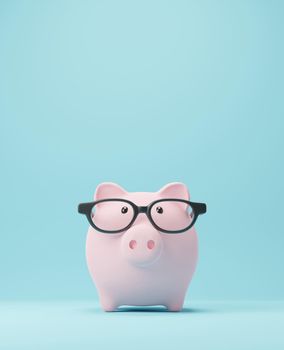 Piggy bank with glasses Saving money and Study abroad concept 3D render
