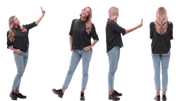 collage of photos of a positive young woman in jeans. isolated on a white background