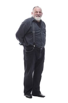 in full growth. a handsome, bearded man in trousers with suspenders. isolated on a white
