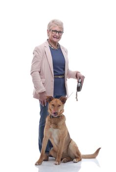 full- length . smiling casual senior woman with her pet. isolated on a white background