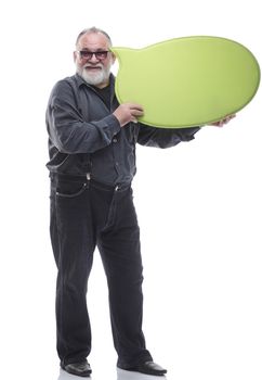 full- length . casual smiling man with a bubble for text. isolated on a white background.