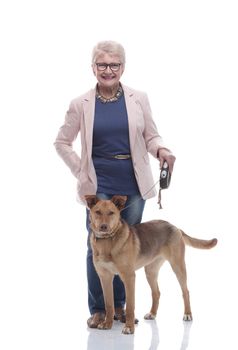 full- length . smiling casual senior woman with her pet. isolated on a white background