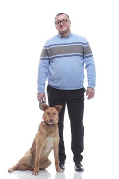in full growth. portrait of a man with his pet dog. isolated on a white background