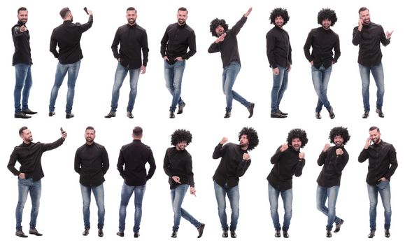 collage of photos of a cheerful young man in jeans. isolated on a white background