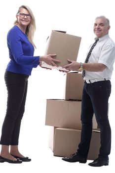 in full growth. smiling woman receiving boxes with her belongings. isolated on a white background