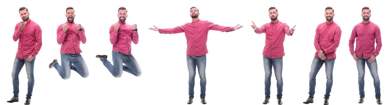 collage of photos of a modern man in a red shirt. isolated on a white background