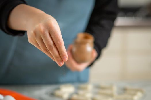 Close-up on the hand of a cook sprinkling spices from a jar while cooking. Selective soft focus.