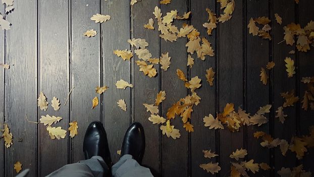 Top view of male legs in black shoes on a deck board with autumn foliage at night under lantern lighting.