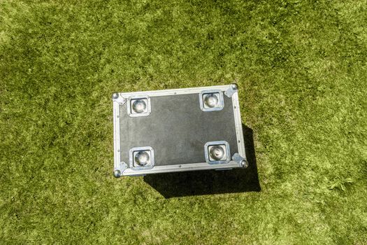 Reinforced black box for transportation of concert equipment with copy space.