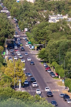 Aerial view of Bogenbai Batyr street, former Kirov street in Almaty city. Almaty, Kazakhstan - July, 02, 2021