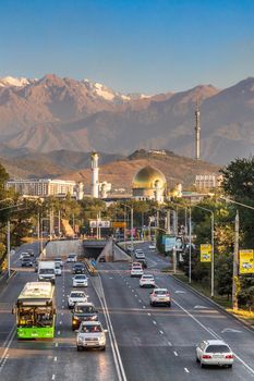 Vertical view of Suyunbay street in Sayakhat and Merey district in Almaty city. Almaty, Kazakhstan - September, 05, 2021