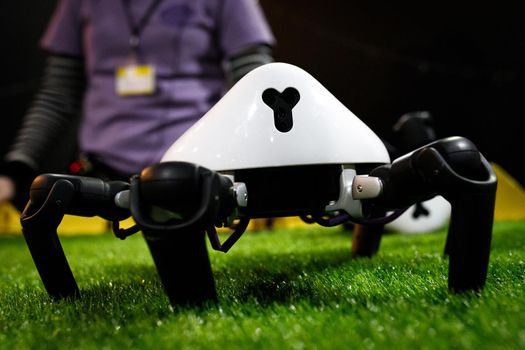 Spider robot at the exhibition stand with plastic grass. Almaty, Kazakhstan - February 19, 2022