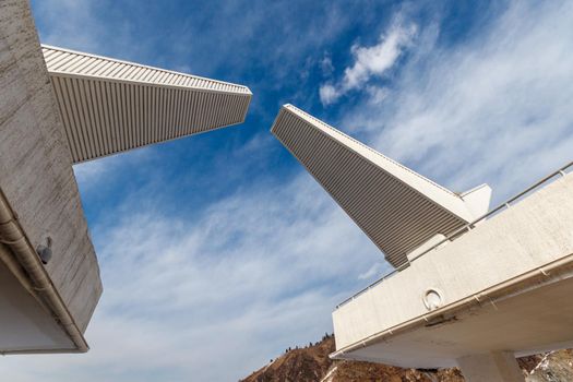Close-up of small architectural form of the Soviet era at the Medeu dam. Famous tourist place in Almaty.
