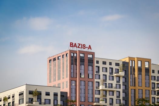 BAZIS-A logo on the new business class residential complex METROPOLE. Almaty, Kazakhstan - September 20, 2021