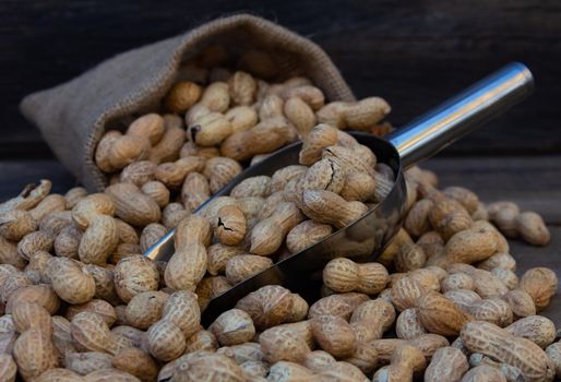 bag and shovel spoon with bulk peanuts on rustic background