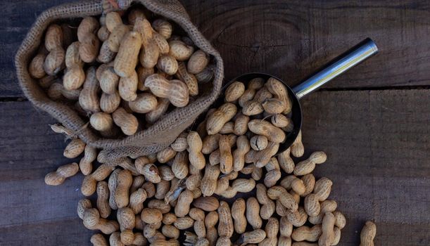 bag and shovel spoon with bulk peanuts on rustic background